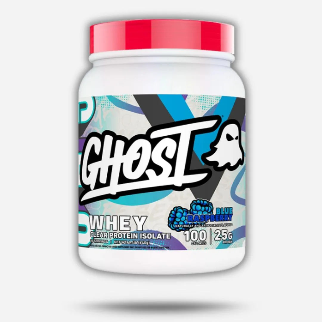 Ghost whey protein powder container with blue and black label on a white background