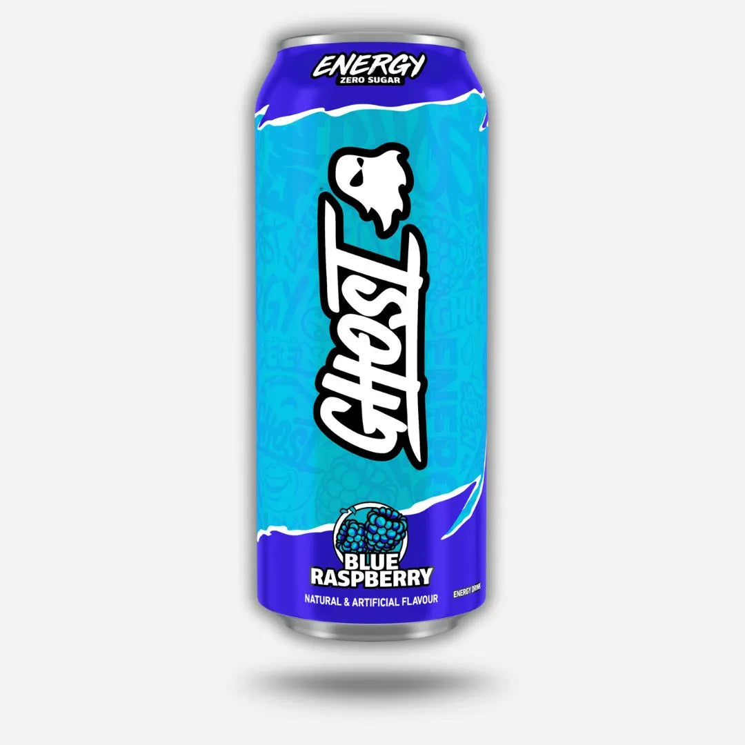 Blue can of Ghost Energy Drink with blue raspberry flavor on a white background