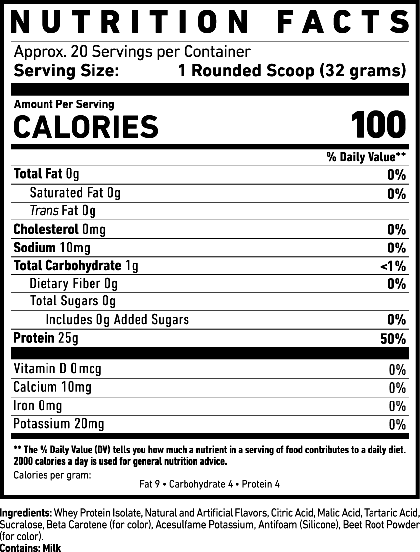 Nutrition facts label for a protein product with serving size, calories, and nutritional content.