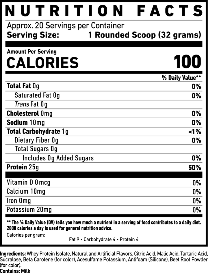 Nutrition facts label for a protein product with serving size, calories, and nutritional content.
