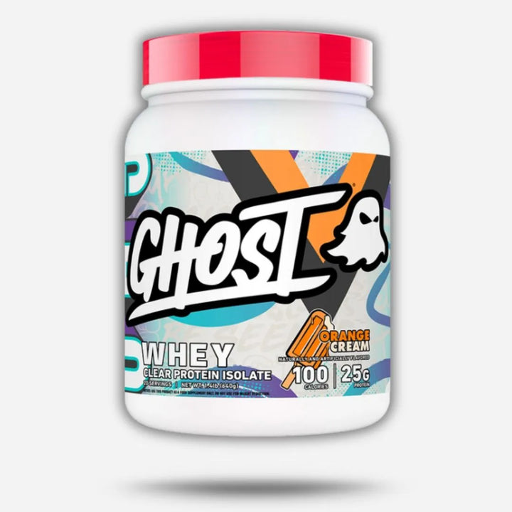 Ghost whey protein powder container with colorful label on a white background