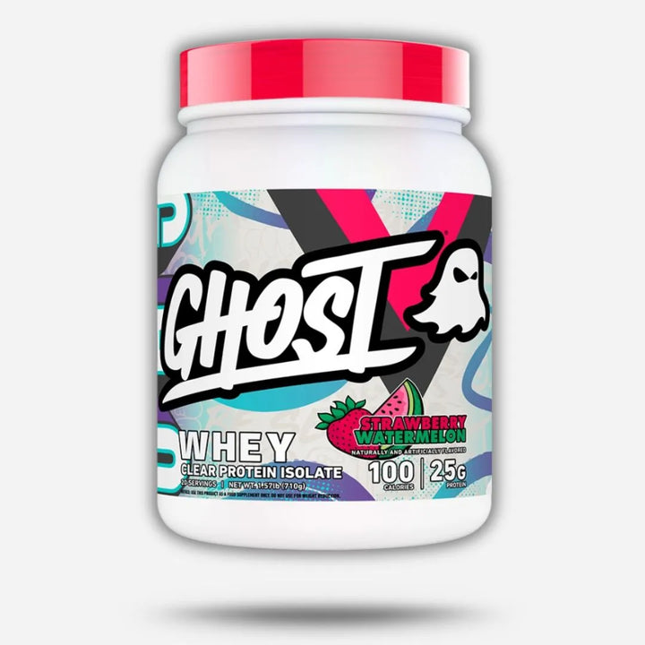 Ghost whey protein powder container with colorful label on a white background