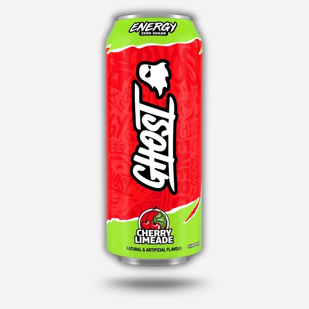 Red and green can of Ghost Cherry Limeade Energy Drink on a white background