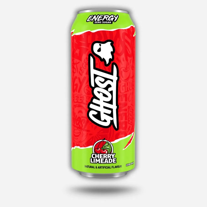 Red and green can of Ghost Cherry Limeade Energy Drink on a white background