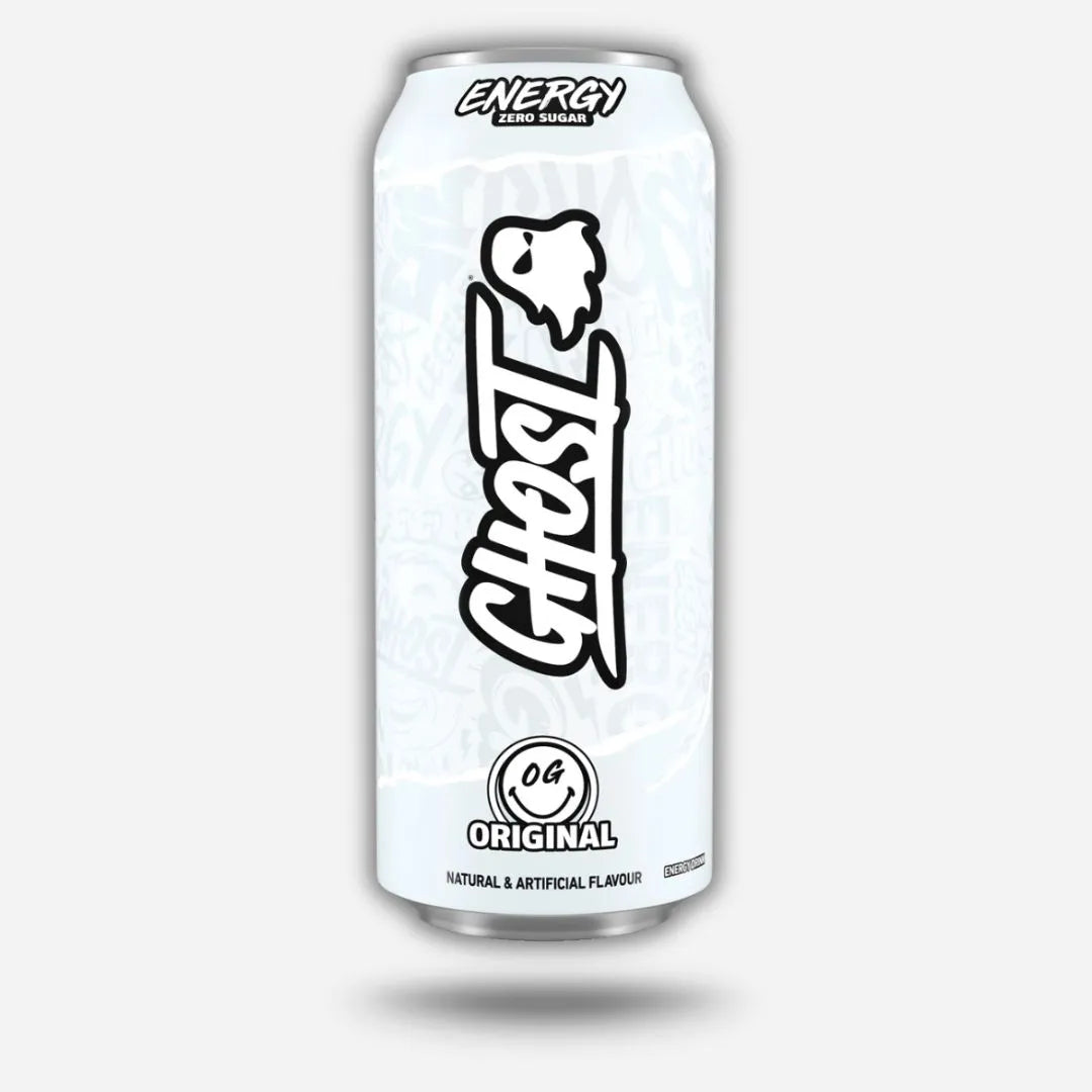 White energy drink can with 'Ghost' branding on a light gray background