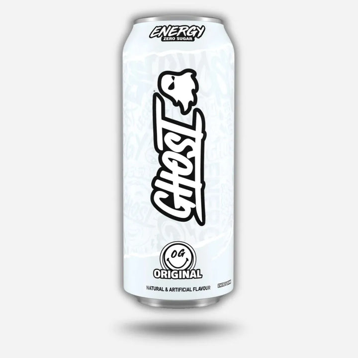White energy drink can with 'Ghost' branding on a light gray background
